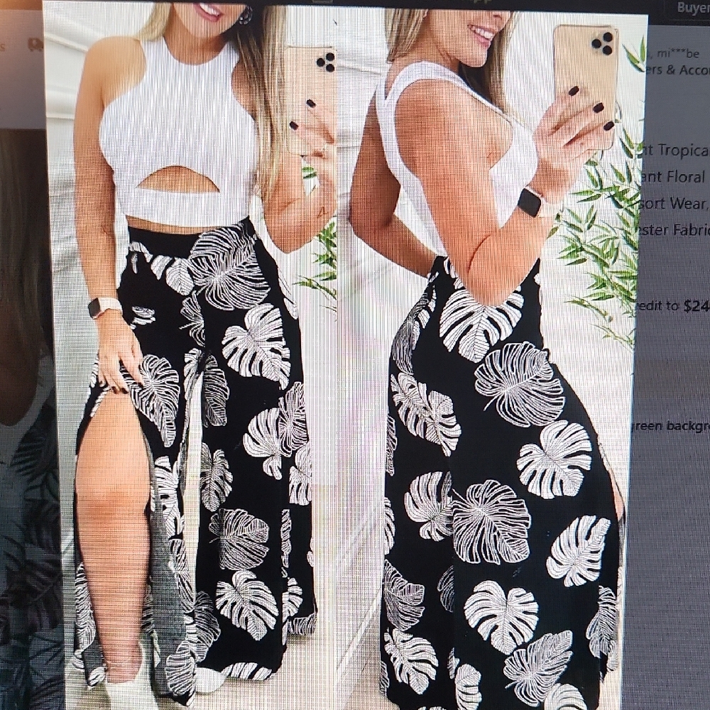 Black and White Tropical Print Wide Leg Pant Set, White Crop Top